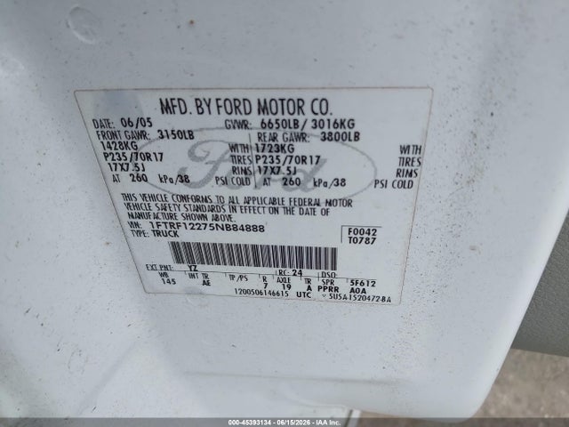 Aukcja sprzedaży 2005 Ford F-150 Stx/xl/xlt, vin: 1FTRF12275NB84888, numer aukcji: 45393134