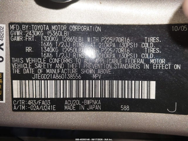 Aukcja sprzedaży 2006 Toyota Highlander, vin: JTEGD21A860138556, numer aukcji: 45393146