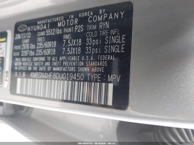 2013 Hyundai Santa Fe Gls მანქანა იყიდება აუქციონზე, vin: KM8SN4HF8DU019450, აუქციონის ნომერი: 45393152