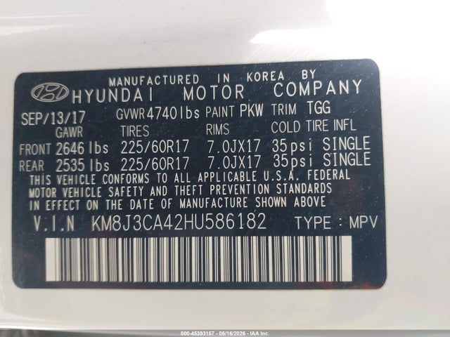 KM8J3CA42HU586182 Hyundai TUCSON SE
