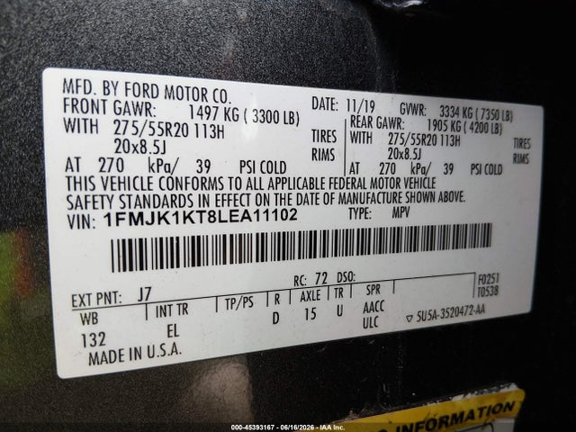 45393167 :رقم المزاد ، 1FMJK1KT8LEA11102 vin ، 2020 Ford Expedition Limited Max مزاد بيع