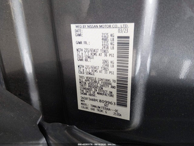 Auction sale of the 2023 Nissan Rogue S Intelligent Awd, vin: 5N1BT3AB8PC809963, lot number: 45393176