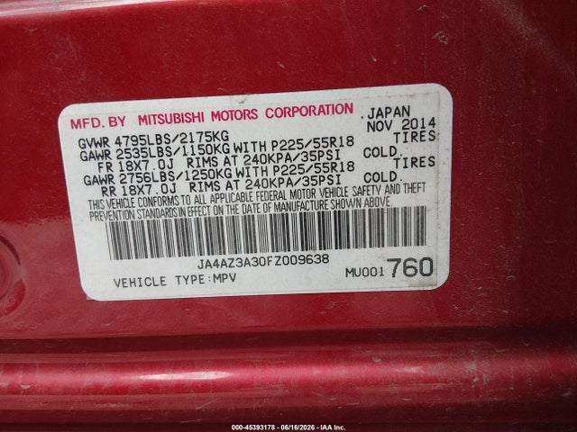 45393178 :رقم المزاد ، JA4AZ3A30FZ009638 vin ، 2015 Mitsubishi Outlander Se مزاد بيع
