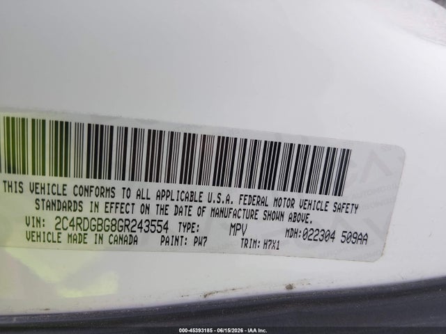 Aukcja sprzedaży 2016 Dodge Grand Caravan American Value Pkg, vin: 2C4RDGBG8GR243554, numer aukcji: 45393185