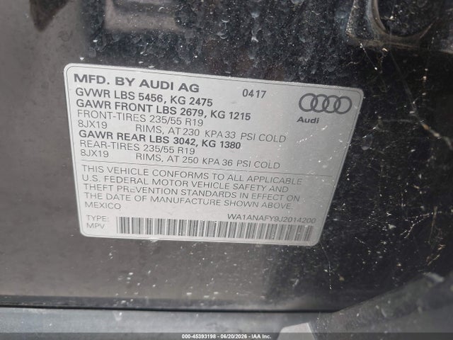 45393198 :رقم المزاد ، WA1ANAFY9J2014200 vin ، 2018 Audi Q5 2.0t Premium/2.0t Tech Premium مزاد بيع