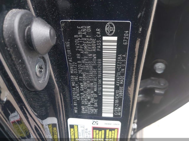 2022 Toyota Camry Se მანქანა იყიდება აუქციონზე, vin: 4T1G11AK1NU682688, აუქციონის ნომერი: 45393210