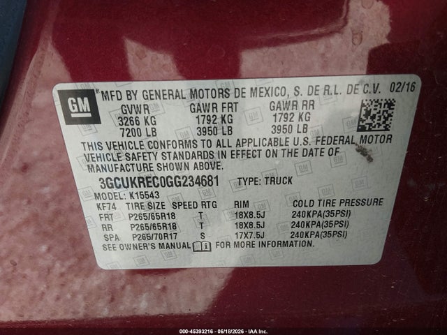 3GCUKREC0GG234681 Chevrolet Silverado 1500 2lt