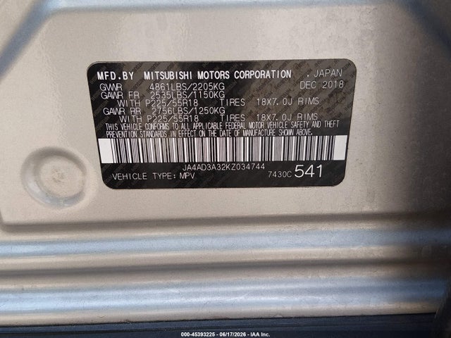 45393225 :رقم المزاد ، JA4AD3A32KZ034744 vin ، 2019 Mitsubishi Outlander Sel مزاد بيع