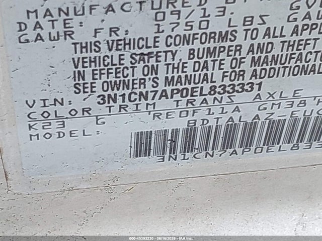 Nissan Versa 1.6 S+ 2014 3N1CN7AP0EL833331 Image 9
