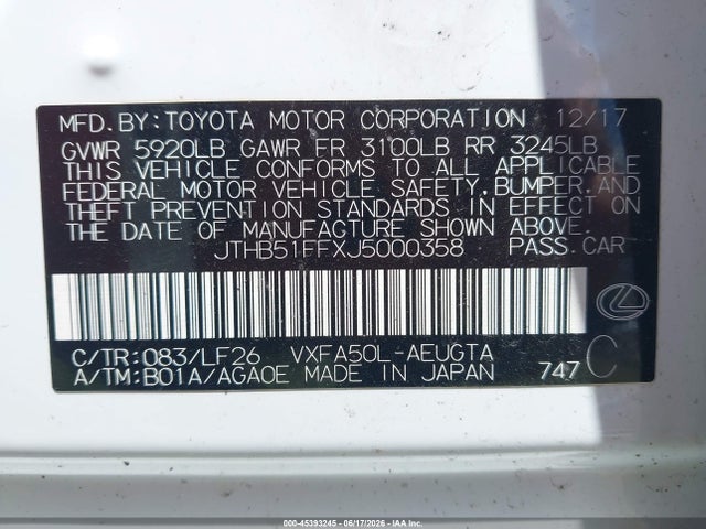 Продажа на аукционе авто 2018 Lexus Ls 500 F Sport, vin: JTHB51FFXJ5000358, номер лота: 45393245