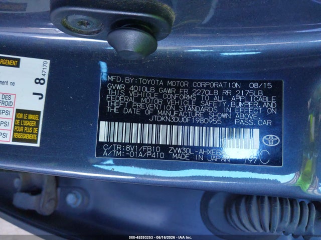 Auction sale of the 2015 Toyota Prius Two, vin: JTDKN3DU0F1980955, lot number: 45393253