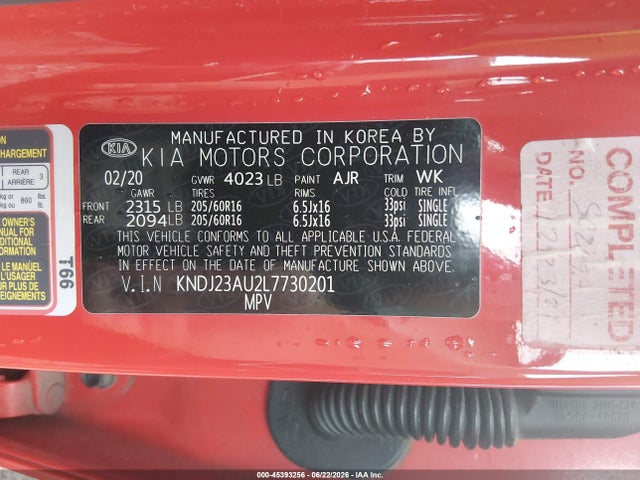 45393256 :رقم المزاد ، KNDJ23AU2L7730201 vin ، 2020 Kia Soul Lx مزاد بيع