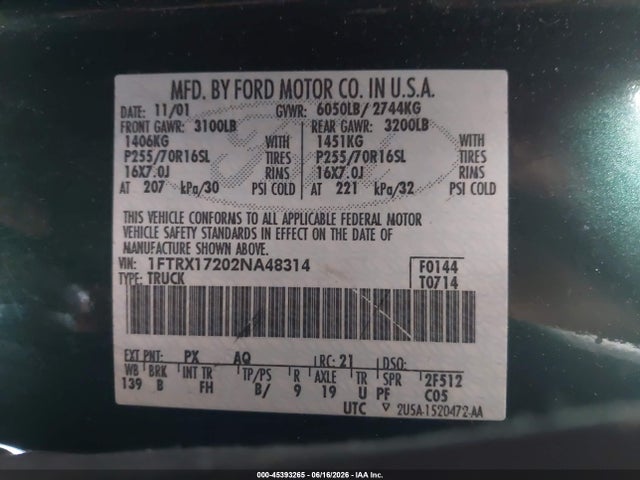 Aukcja sprzedaży 2002 Ford F-150 Xl/xlt, vin: 1FTRX17202NA48314, numer aukcji: 45393265