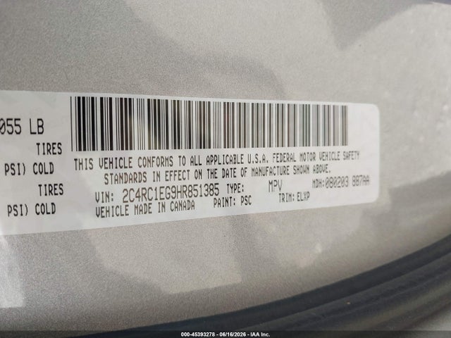 45393278 :رقم المزاد ، 2C4RC1EG9HR851385 vin ، 2017 Chrysler Pacifica Touring-l Plus مزاد بيع