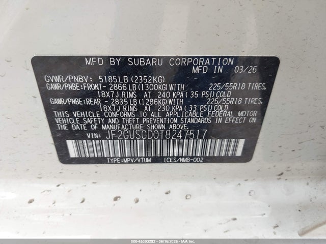 2026 Subaru Crosstrek Sport მანქანა იყიდება აუქციონზე, vin: JF2GUSGD0T8247517, აუქციონის ნომერი: 45393292