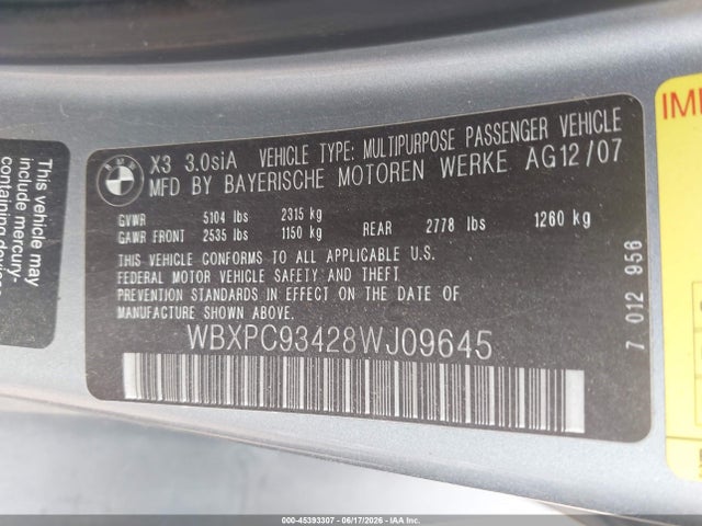 45393307 :رقم المزاد ، WBXPC93428WJ09645 vin ، 2008 Bmw X3 3.0si مزاد بيع