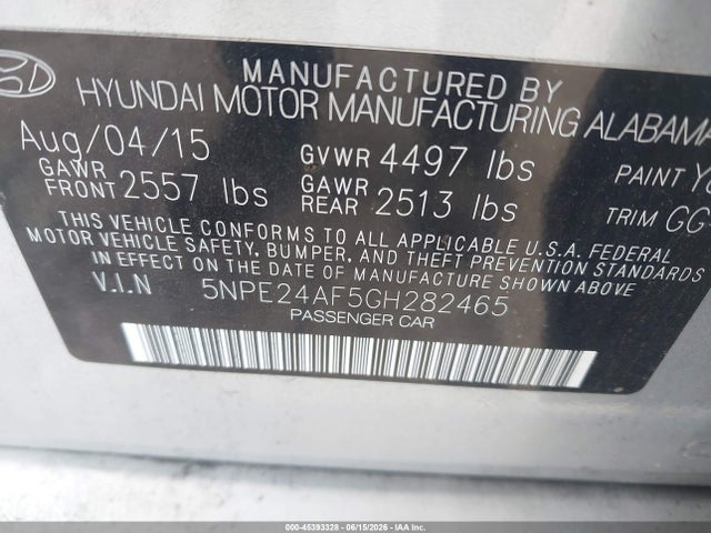 Aukcja sprzedaży 2016 Hyundai Sonata Se, vin: 5NPE24AF5GH282465, numer aukcji: 45393328