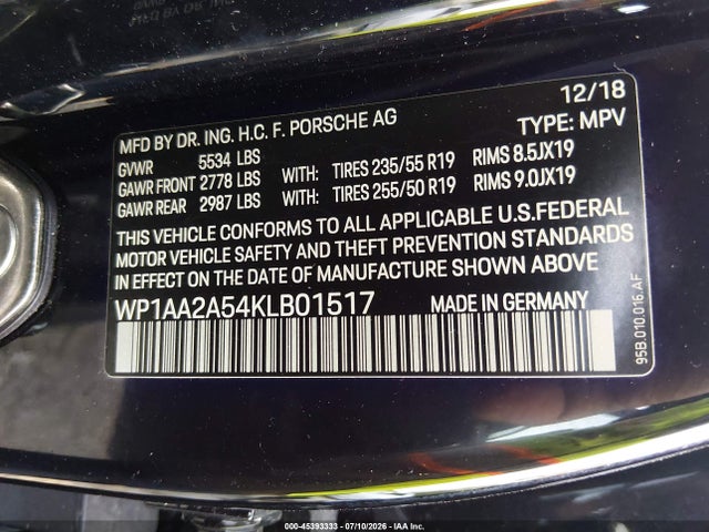 Продаж на аукціоні авто 2019 Porsche Macan, vin: WP1AA2A54KLB01517, номер лоту: 45393333