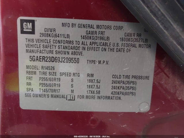 2009 Buick Enclave Cxl მანქანა იყიდება აუქციონზე, vin: 5GAER23D69J209550, აუქციონის ნომერი: 45393335