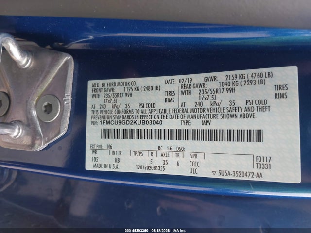 Aukcja sprzedaży 2019 Ford Escape Se, vin: 1FMCU9GD2KUB03040, numer aukcji: 45393360