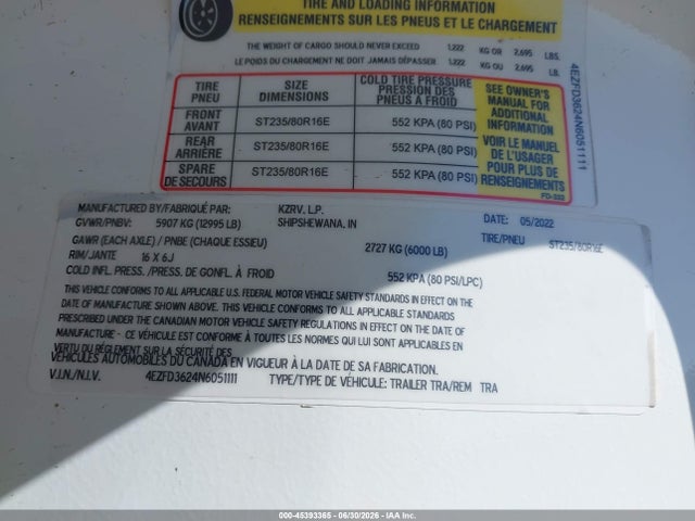 Продажа на аукционе авто 2022 K-z Inc Durango, vin: 4EZFD3624N6051111, номер лота: 45393365