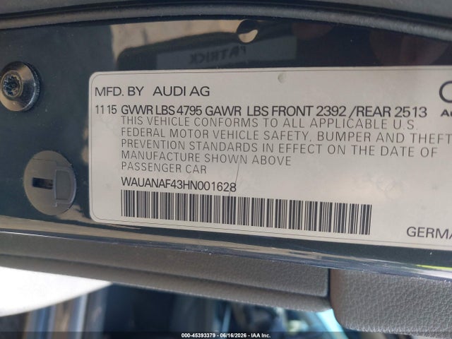 Aukcja sprzedaży 2017 Audi A4 Premium, vin: WAUANAF43HN001628, numer aukcji: 45393379