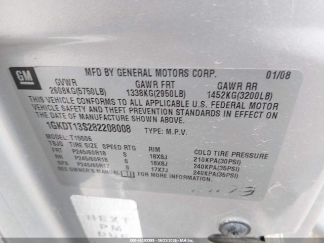 Продажа на аукционе авто 2008 Gmc Envoy Slt, vin: 1GKDT13S282208008, номер лота: 45393389