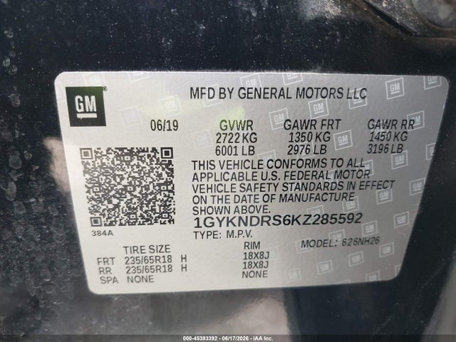 45393392 :رقم المزاد ، 1GYKNDRS6KZ285592 vin ، 2019 Cadillac Xt5 Luxury مزاد بيع