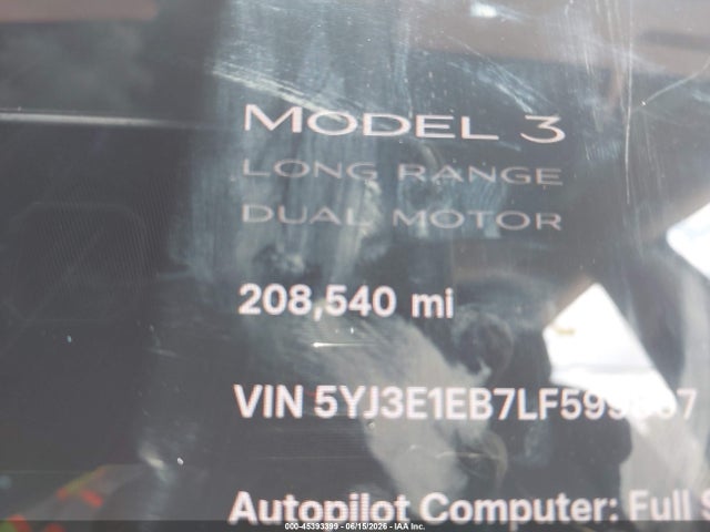 Auction sale of the 2020 Tesla Model 3 Long Range Dual Motor All-wheel Drive, vin: 5YJ3E1EB7LF599807, lot number: 45393399