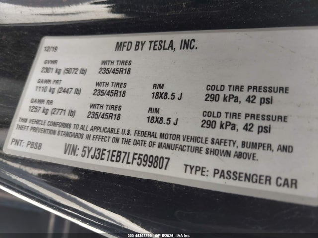 Auction sale of the 2020 Tesla Model 3 Long Range Dual Motor All-wheel Drive, vin: 5YJ3E1EB7LF599807, lot number: 45393399