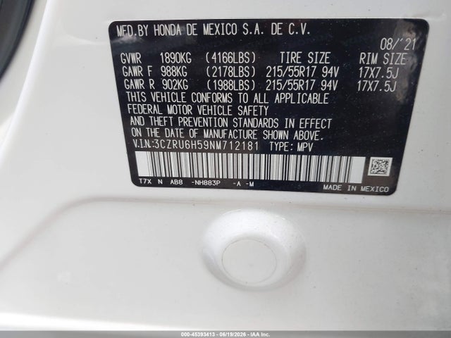 3CZRU6H59NM712181 Honda Hr-v Awd Ex