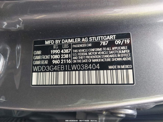 45393438 :رقم المزاد ، WDD3G4EB1LW038404 vin ، 2020 Mercedes-benz A 220 مزاد بيع