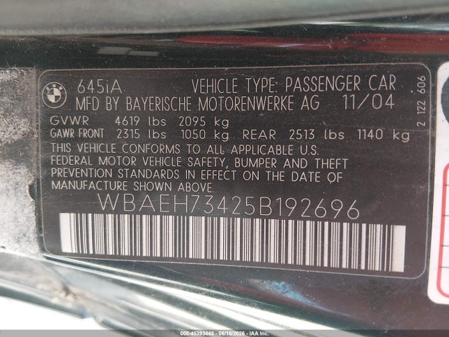 2005 Bmw 645ci მანქანა იყიდება აუქციონზე, vin: WBAEH73425B192696, აუქციონის ნომერი: 45393448