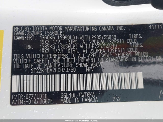 45393463 :رقم المزاد ، 2T2ZK1BA2CC070750 vin ، 2012 Lexus Rx 350 مزاد بيع