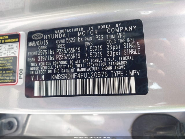 45393502 :رقم المزاد ، KM8SRDHF4FU120976 vin ، 2015 Hyundai Santa Fe Gls مزاد بيع