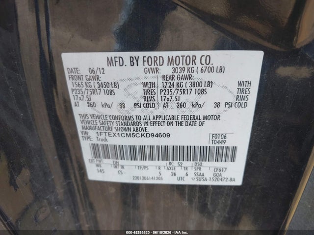 45393520 :رقم المزاد ، 1FTEX1CM5CKD94609 vin ، 2012 Ford F-150 Stx/xl/xlt مزاد بيع