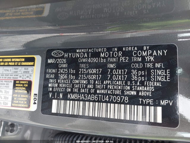 Продаж на аукціоні авто 2026 Hyundai Kona Se, vin: KM8HA3AB6TU470978, номер лоту: 45393521