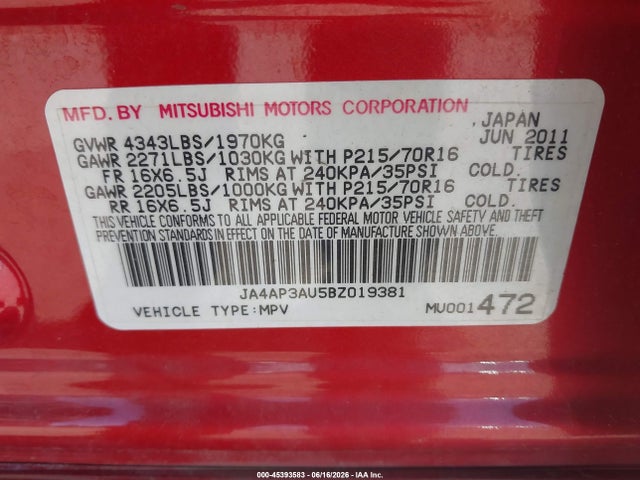 Aukcja sprzedaży 2011 Mitsubishi Outlander Sport Es, vin: JA4AP3AU5BZ019381, numer aukcji: 45393583
