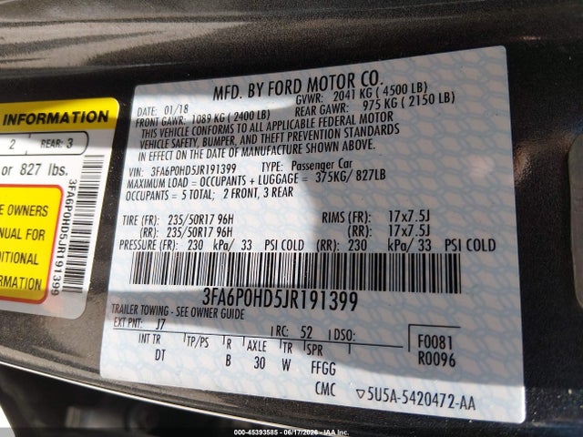 Aukcja sprzedaży 2018 Ford Fusion Se, vin: 3FA6P0HD5JR191399, numer aukcji: 45393585