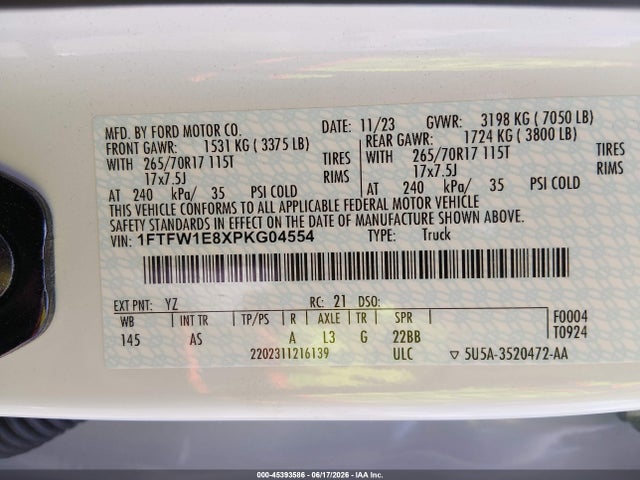 Продаж на аукціоні авто 2023 Ford F-150 Xl, vin: 1FTFW1E8XPKG04554, номер лоту: 45393586