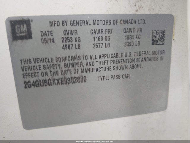 45393599 :رقم المزاد ، 2G4GU5GXXE9302830 vin ، 2014 Buick Regal Gs مزاد بيع