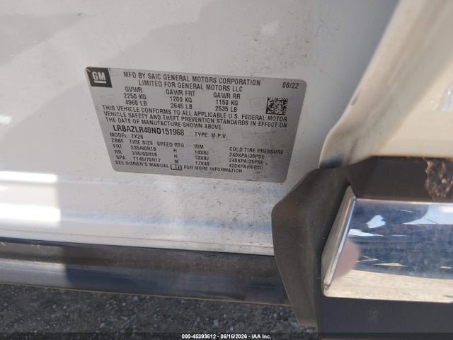 2022 Buick Envision Fwd Preferred მანქანა იყიდება აუქციონზე, vin: LRBAZLR40ND151968, აუქციონის ნომერი: 45393612