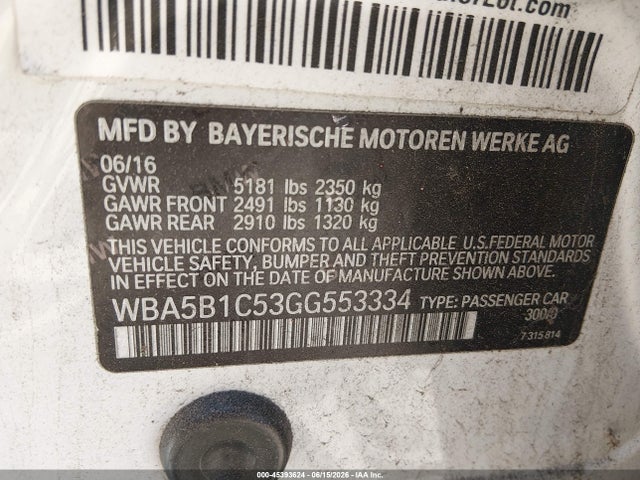 Aukcja sprzedaży 2016 Bmw 535i, vin: WBA5B1C53GG553334, numer aukcji: 45393624