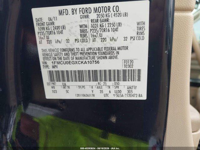 Продажа на аукционе авто 2012 Ford Escape Limited, vin: 1FMCU0EGXCKA10756, номер лота: 45393634