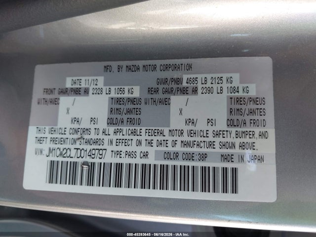 45393645 :رقم المزاد ، JM1CW2CL7D0149797 vin ، 2013 Mazda Mazda5 Touring مزاد بيع
