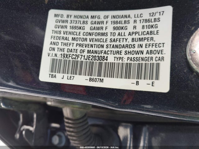 Auction sale of the 2018 Honda Civic Ex, vin: 19XFC2F71JE203084, lot number: 45393660