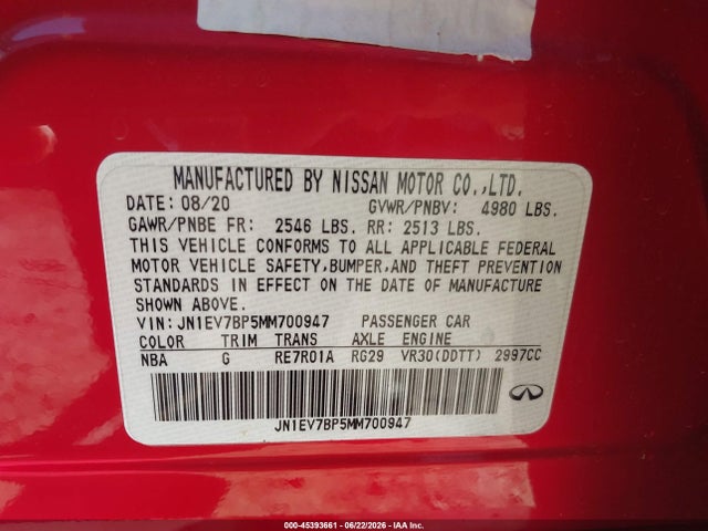 Продаж на аукціоні авто 2021 Infiniti Q50 Luxe, vin: JN1EV7BP5MM700947, номер лоту: 45393661