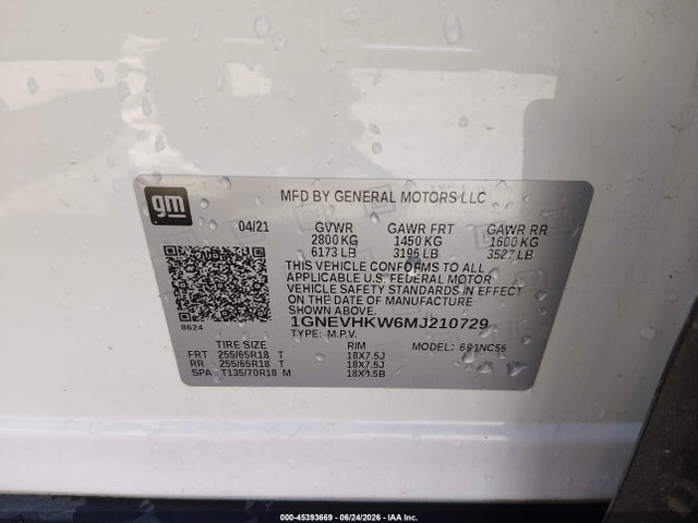 1GNEVHKW6MJ210729 Chevrolet Traverse Awd Lt Leather