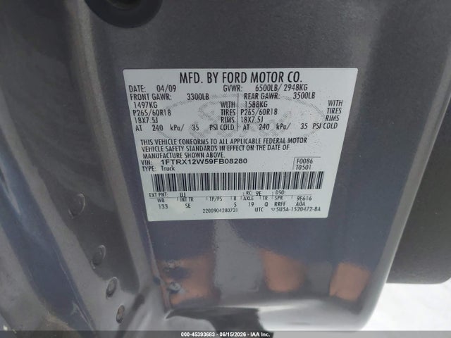 45393683 :رقم المزاد ، 1FTRX12W59FB08280 vin ، 2009 Ford F-150 Stx/xl مزاد بيع
