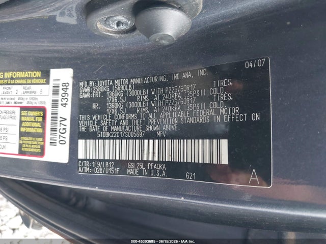 Продажа на аукционе авто 2007 Toyota Sienna Xle Limited, vin: 5TDBK22C17S005687, номер лота: 45393685